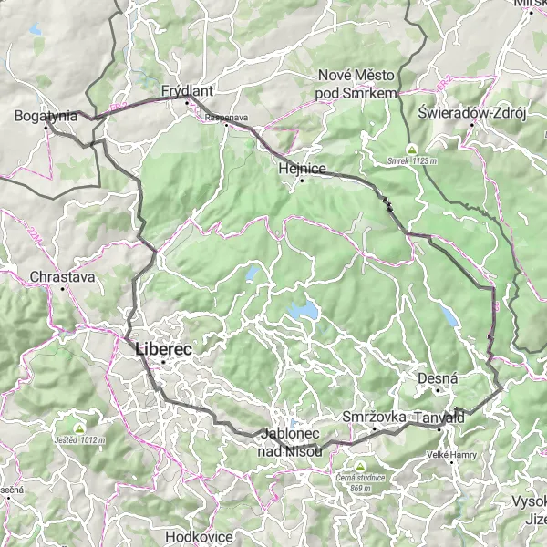 Map miniature of "Frýdlant and Pekelský vrch Loop" cycling inspiration in Dolnośląskie, Poland. Generated by Tarmacs.app cycling route planner
