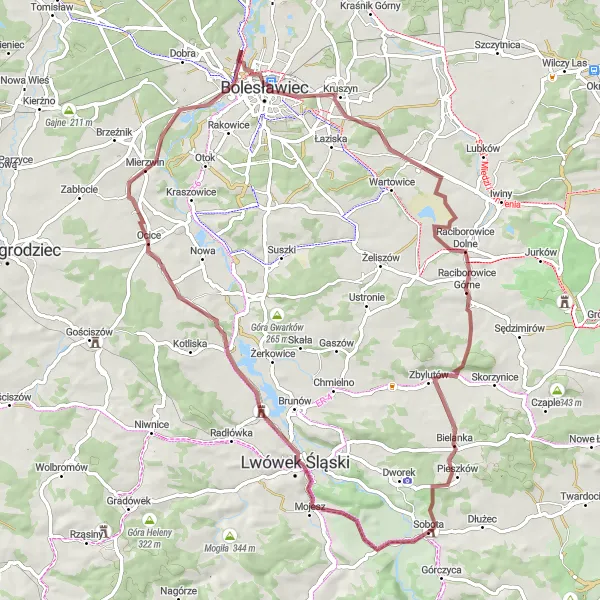 Map miniature of "Scenic Gravel Route near Bolesławiec" cycling inspiration in Dolnośląskie, Poland. Generated by Tarmacs.app cycling route planner