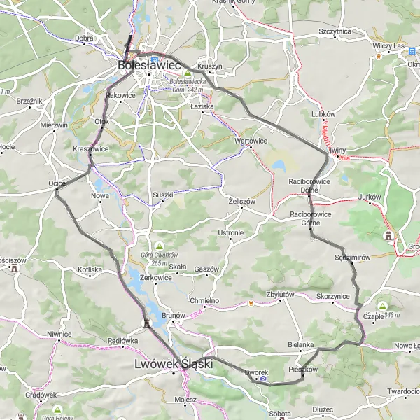 Miniatura mapy "Przejażdżka przez Bolesławice i okolice" - trasy rowerowej w Dolnośląskie, Poland. Wygenerowane przez planer tras rowerowych Tarmacs.app