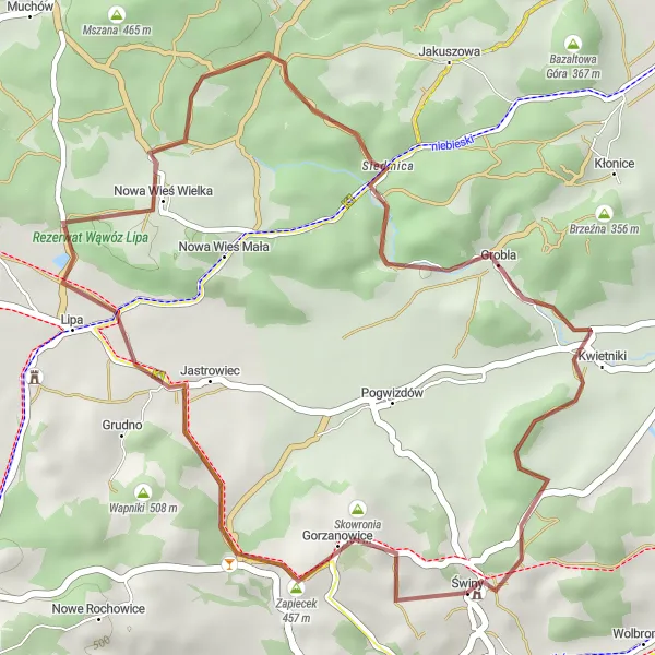 Miniatura mapy "Przejazd gravelowy przez lasy i łąki" - trasy rowerowej w Dolnośląskie, Poland. Wygenerowane przez planer tras rowerowych Tarmacs.app