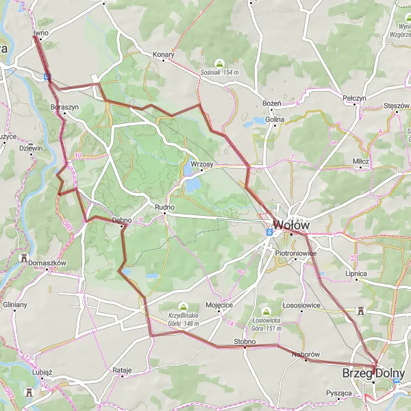 Map miniature of "Krzydlina Mała Gravel Adventure" cycling inspiration in Dolnośląskie, Poland. Generated by Tarmacs.app cycling route planner