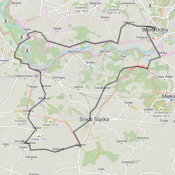 Map miniature of "Wieża Tower and Lubiąż Road Loop" cycling inspiration in Dolnośląskie, Poland. Generated by Tarmacs.app cycling route planner