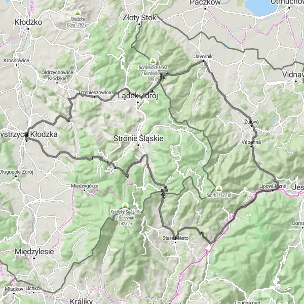 Map miniature of "Challenging Climb Circuit of Bystrzyca Kłodzka" cycling inspiration in Dolnośląskie, Poland. Generated by Tarmacs.app cycling route planner