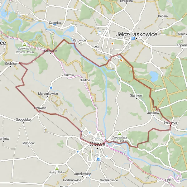 Map miniature of "Bystrzyca Gravel Adventure" cycling inspiration in Dolnośląskie, Poland. Generated by Tarmacs.app cycling route planner