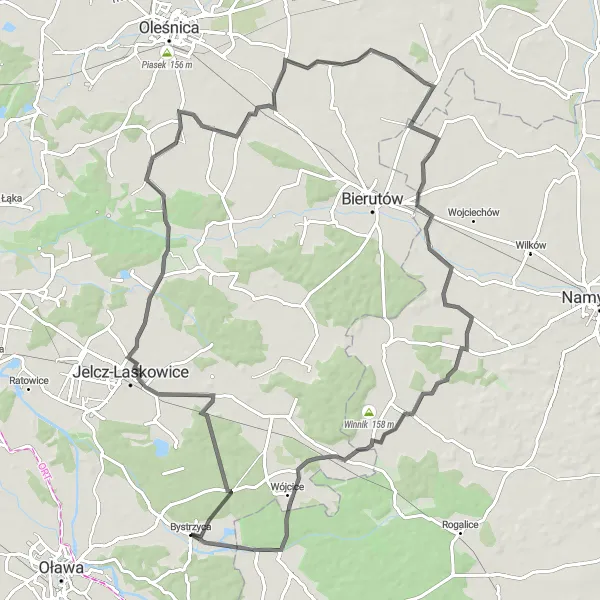 Map miniature of "Exploring the Bystrzyca Countryside" cycling inspiration in Dolnośląskie, Poland. Generated by Tarmacs.app cycling route planner