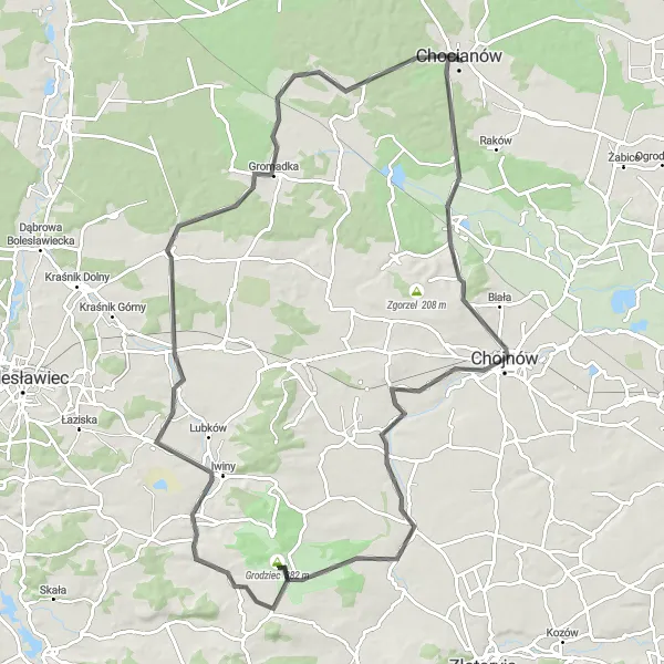 Map miniature of "Zagrodno and Chojnów Road Route" cycling inspiration in Dolnośląskie, Poland. Generated by Tarmacs.app cycling route planner