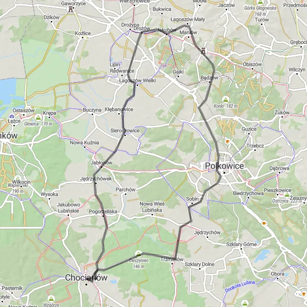 Map miniature of "Chocianów - Polkowice Round-trip" cycling inspiration in Dolnośląskie, Poland. Generated by Tarmacs.app cycling route planner