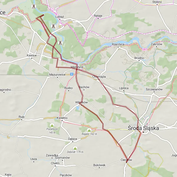 Map miniature of "Scenic Gravel Ride near Ciechów" cycling inspiration in Dolnośląskie, Poland. Generated by Tarmacs.app cycling route planner