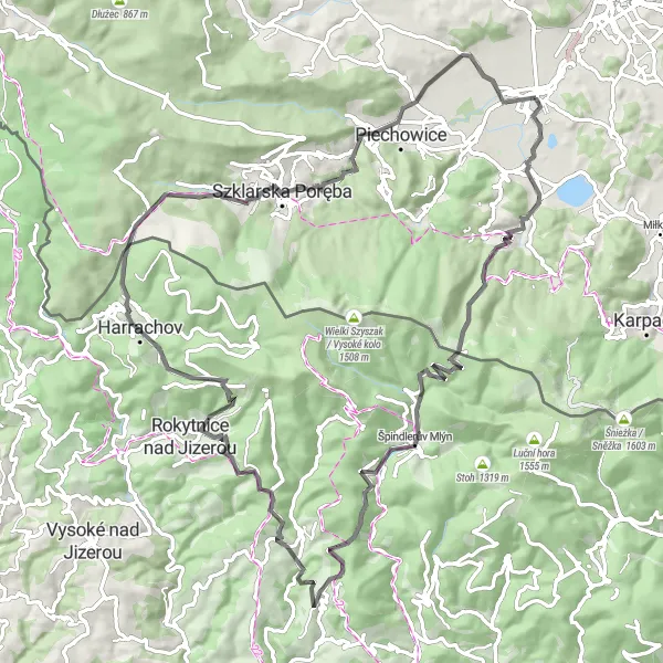 Map miniature of "Karkonoska Adventure" cycling inspiration in Dolnośląskie, Poland. Generated by Tarmacs.app cycling route planner