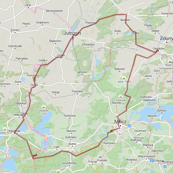 Miniatura mapy "Trasa Gravel: Cieszków - Chmielnik - Milicz - Niezgoda - Jutrosin - Cieszków" - trasy rowerowej w Dolnośląskie, Poland. Wygenerowane przez planer tras rowerowych Tarmacs.app