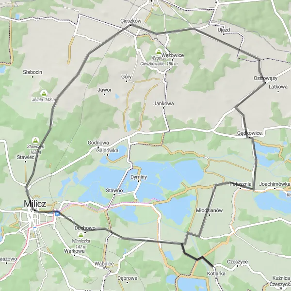 Miniatura mapy "Trasa Road: Cieszków - Wydmy - Gądkowice - Czatkowice - Milicz - Chmielnik - Cieszków" - trasy rowerowej w Dolnośląskie, Poland. Wygenerowane przez planer tras rowerowych Tarmacs.app
