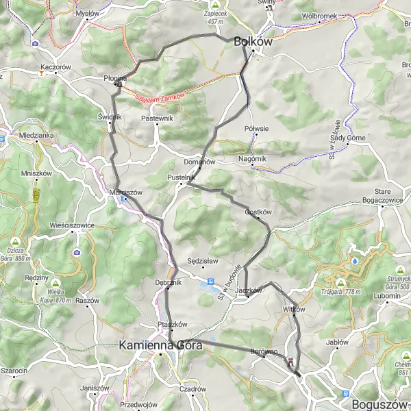 Miniatura mapy "Trasa 57 km pod Równą Górą" - trasy rowerowej w Dolnośląskie, Poland. Wygenerowane przez planer tras rowerowych Tarmacs.app