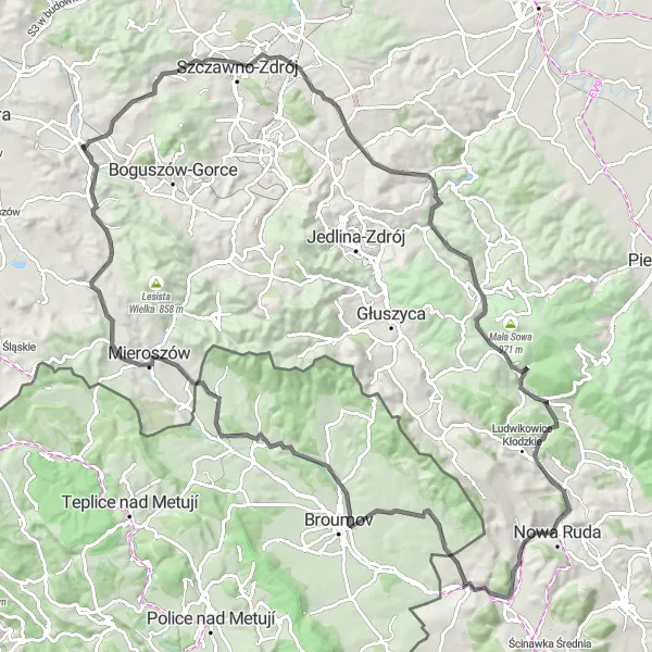 Map miniature of "Climbing to the summit of Mlýnský vrch" cycling inspiration in Dolnośląskie, Poland. Generated by Tarmacs.app cycling route planner