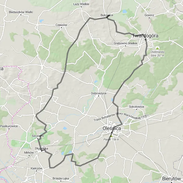 Map miniature of "Oleśnica Castle Loop" cycling inspiration in Dolnośląskie, Poland. Generated by Tarmacs.app cycling route planner