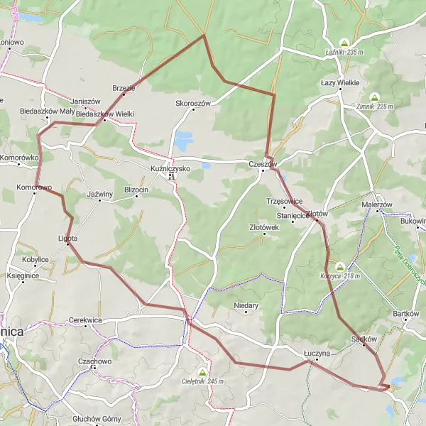 Map miniature of "Dobroszyce-Strażnica-Zawonia-Świerkowa Góra-Dobroszyce" cycling inspiration in Dolnośląskie, Poland. Generated by Tarmacs.app cycling route planner