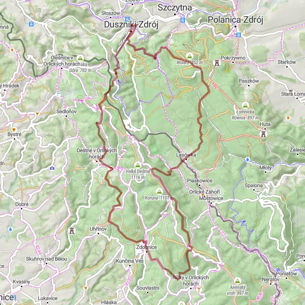 Map miniature of "Adventurous Ride to Duszniki Zdrój" cycling inspiration in Dolnośląskie, Poland. Generated by Tarmacs.app cycling route planner