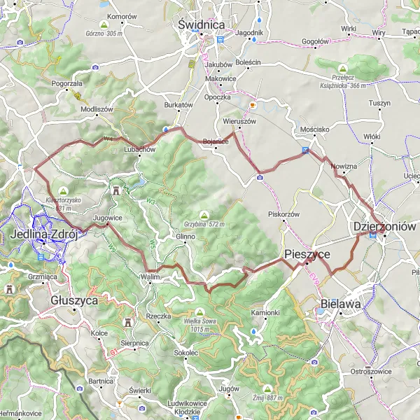Map miniature of "Scenic Gravel Ride via Grodzisko" cycling inspiration in Dolnośląskie, Poland. Generated by Tarmacs.app cycling route planner