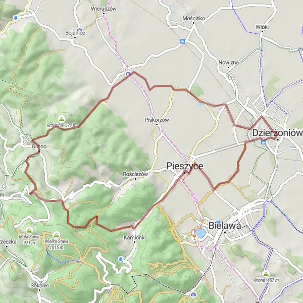 Map miniature of "Short and Scenic Gravel Tour" cycling inspiration in Dolnośląskie, Poland. Generated by Tarmacs.app cycling route planner