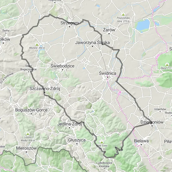 Map miniature of "Dzierżoniów Loop via Pieszyce and Wawel" cycling inspiration in Dolnośląskie, Poland. Generated by Tarmacs.app cycling route planner