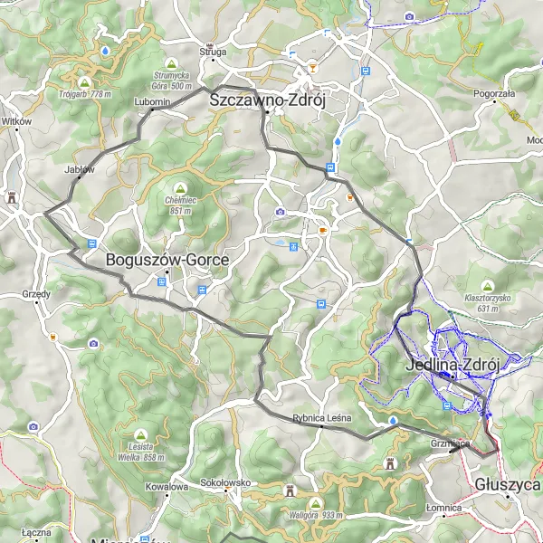 Map miniature of "The Castle Loop" cycling inspiration in Dolnośląskie, Poland. Generated by Tarmacs.app cycling route planner