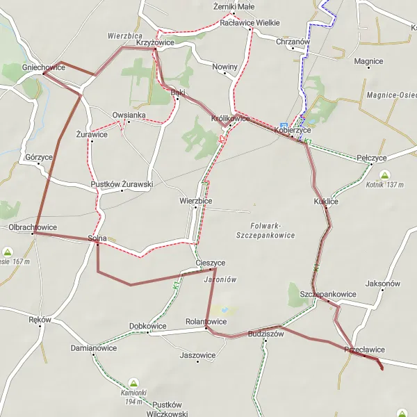 Map miniature of "Explore the Charming Countryside of Gniechowice" cycling inspiration in Dolnośląskie, Poland. Generated by Tarmacs.app cycling route planner