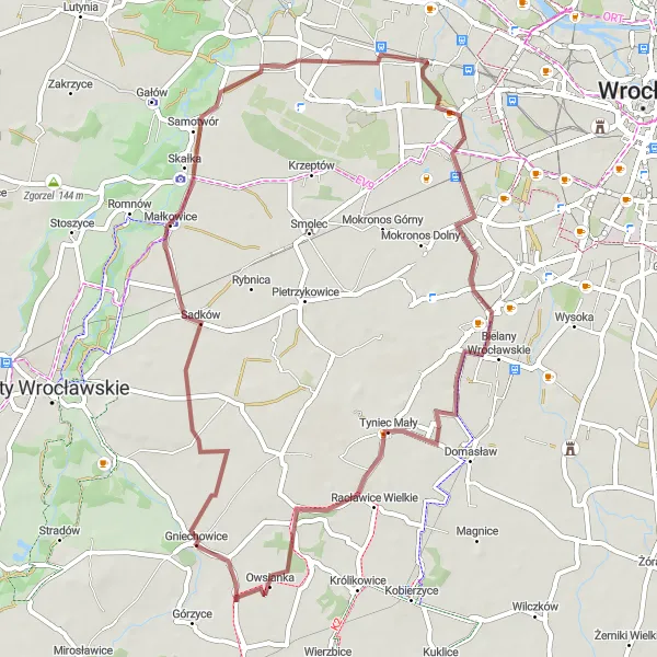 Map miniature of "Discover the Off-road Gems of Gniechowice" cycling inspiration in Dolnośląskie, Poland. Generated by Tarmacs.app cycling route planner