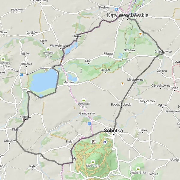 Map miniature of "Challenge to Kąty Wrocławskie" cycling inspiration in Dolnośląskie, Poland. Generated by Tarmacs.app cycling route planner