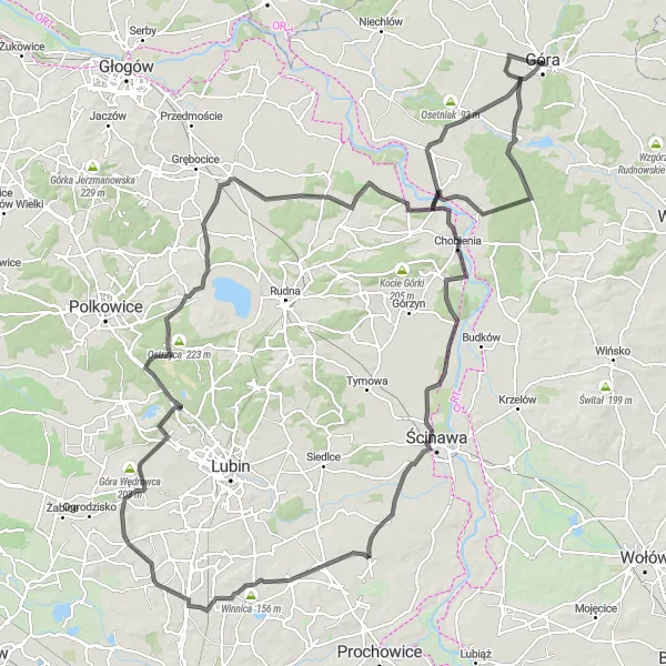 Map miniature of "Góra to Kietlów Extended Route" cycling inspiration in Dolnośląskie, Poland. Generated by Tarmacs.app cycling route planner