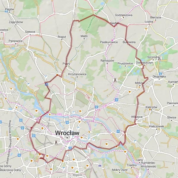 Map miniature of "Wzgórze Kapliczne and Wzgórze przy Ceglanej Gravel Loop" cycling inspiration in Dolnośląskie, Poland. Generated by Tarmacs.app cycling route planner