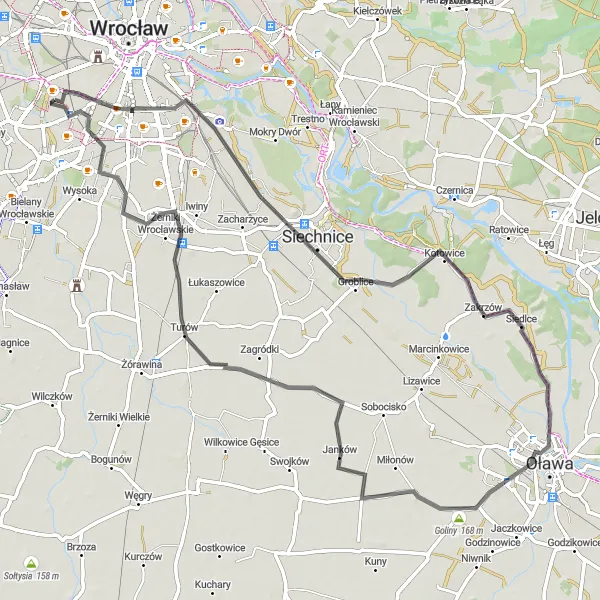 Map miniature of "Goliny and Winna Góra Road Loop" cycling inspiration in Dolnośląskie, Poland. Generated by Tarmacs.app cycling route planner