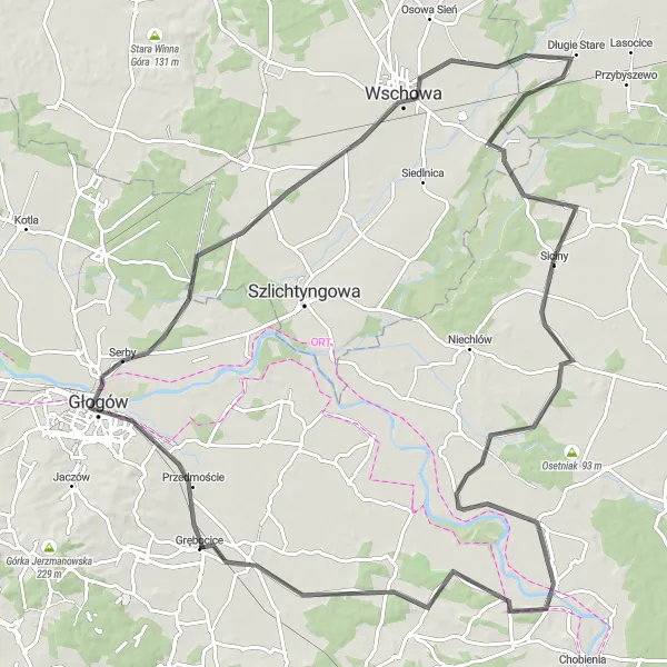 Miniatura mapy "Trasa Road do Ługi przez Głogów i Długie Stare" - trasy rowerowej w Dolnośląskie, Poland. Wygenerowane przez planer tras rowerowych Tarmacs.app