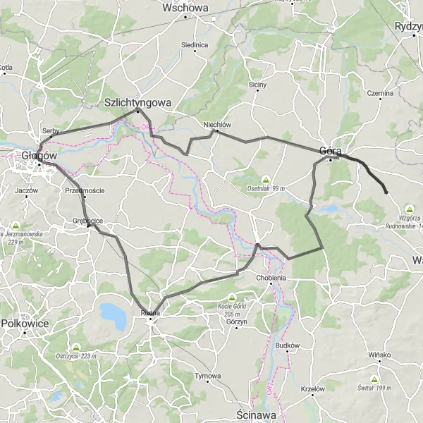 Map miniature of "Glogow Heritage Ride" cycling inspiration in Dolnośląskie, Poland. Generated by Tarmacs.app cycling route planner