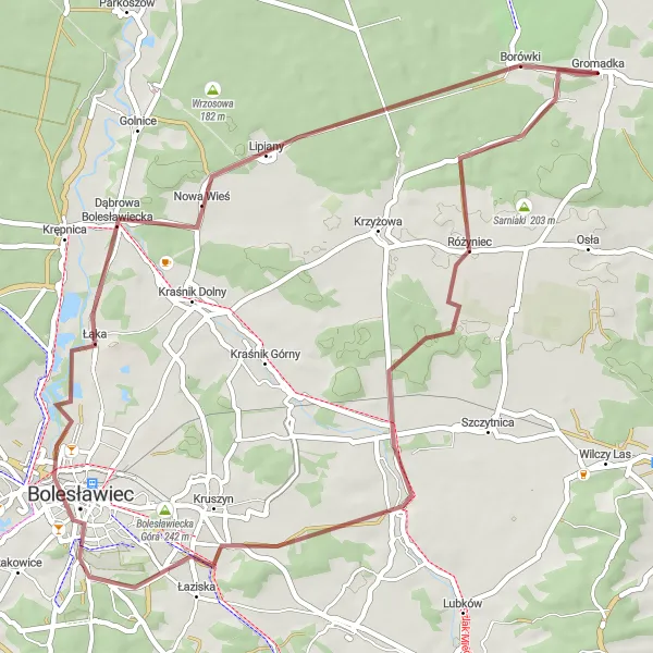 Map miniature of "Gromadka Gravel Adventure" cycling inspiration in Dolnośląskie, Poland. Generated by Tarmacs.app cycling route planner
