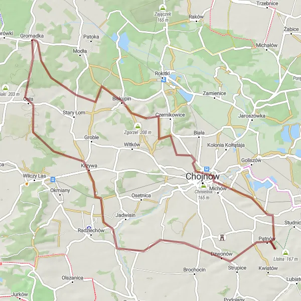 Miniatura mapy "Wycieczka przez Gołogórę, Chojnów, Chmielnik, Pątnów, Krzywą i Osłę" - trasy rowerowej w Dolnośląskie, Poland. Wygenerowane przez planer tras rowerowych Tarmacs.app