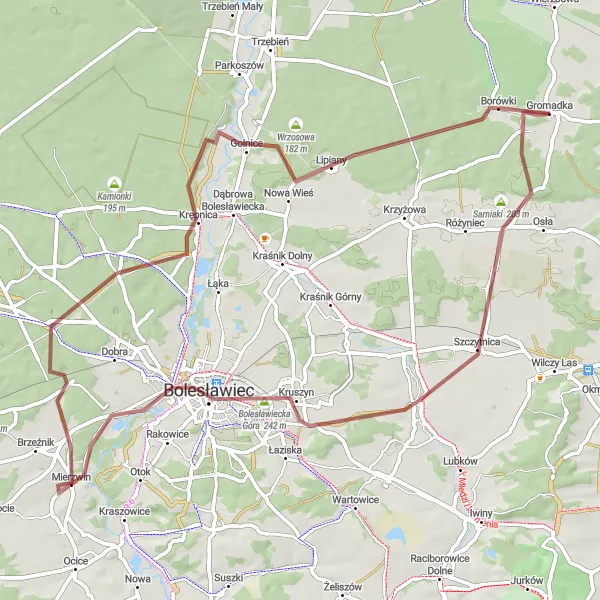 Map miniature of "Sarniaki and Borówki: Gravel Adventure" cycling inspiration in Dolnośląskie, Poland. Generated by Tarmacs.app cycling route planner