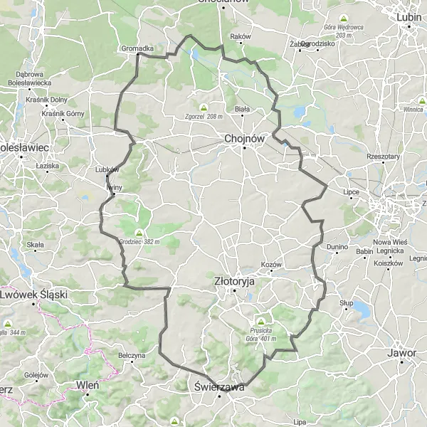 Map miniature of "Gromadka Hill Challenge" cycling inspiration in Dolnośląskie, Poland. Generated by Tarmacs.app cycling route planner