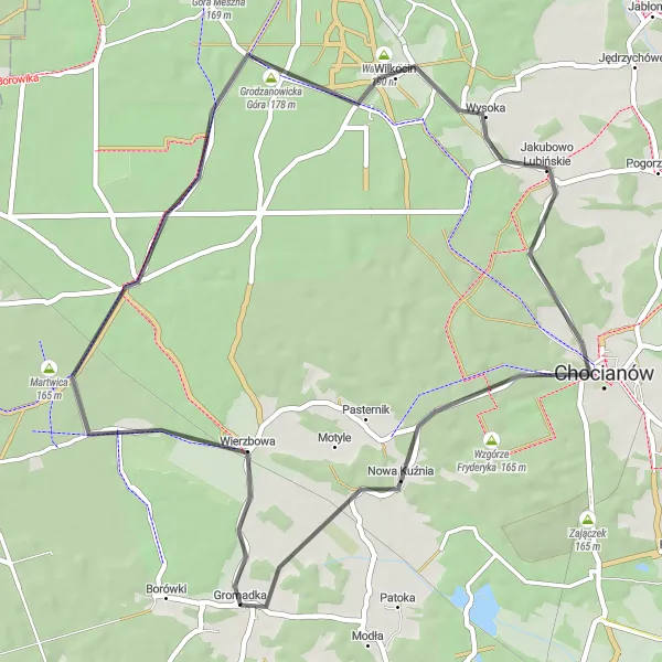 Map miniature of "Wierzbowa and Chocianów: Scenic Road Escape" cycling inspiration in Dolnośląskie, Poland. Generated by Tarmacs.app cycling route planner