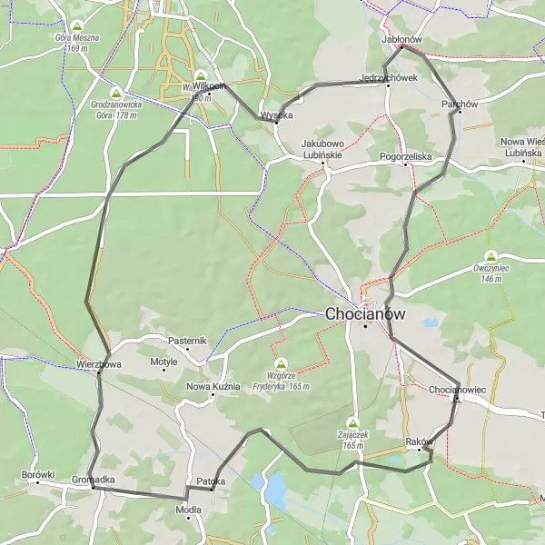 Miniatura mapy "Podmiejska trasa przez Jabłonowskie Wzgórza" - trasy rowerowej w Dolnośląskie, Poland. Wygenerowane przez planer tras rowerowych Tarmacs.app