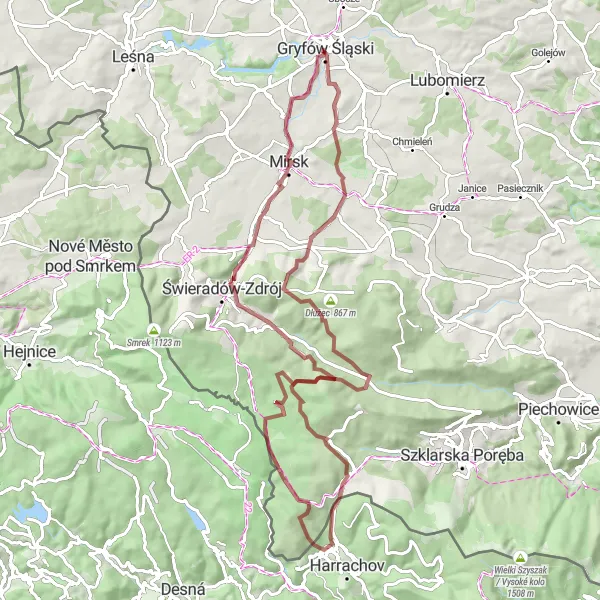 Map miniature of "Mountainous Adventure" cycling inspiration in Dolnośląskie, Poland. Generated by Tarmacs.app cycling route planner