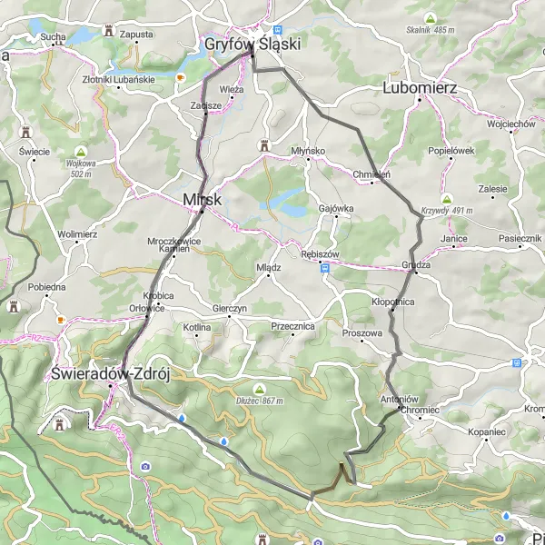 Miniatura mapy "Trasa przez Głębiec i Karłowiec" - trasy rowerowej w Dolnośląskie, Poland. Wygenerowane przez planer tras rowerowych Tarmacs.app