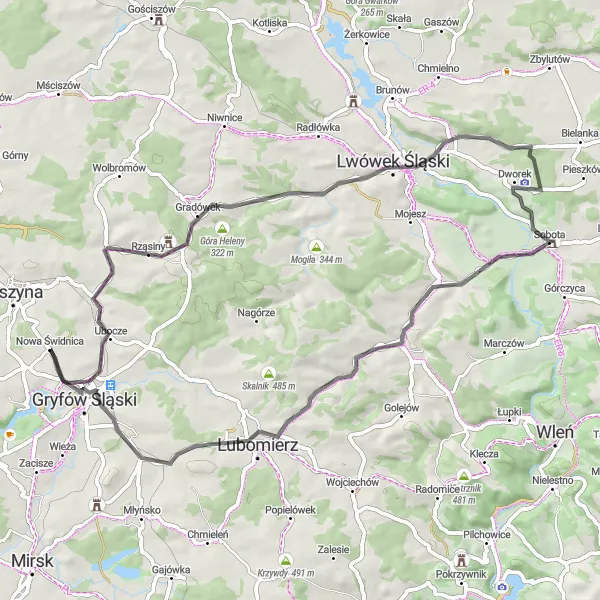 Miniatura mapy "Trasa przez Brzostek i Gryfów Śląski" - trasy rowerowej w Dolnośląskie, Poland. Wygenerowane przez planer tras rowerowych Tarmacs.app