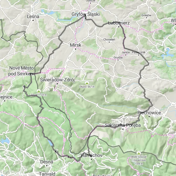 Miniatura mapy "Trasa przez Popielówek i Gryfów Śląski" - trasy rowerowej w Dolnośląskie, Poland. Wygenerowane przez planer tras rowerowych Tarmacs.app