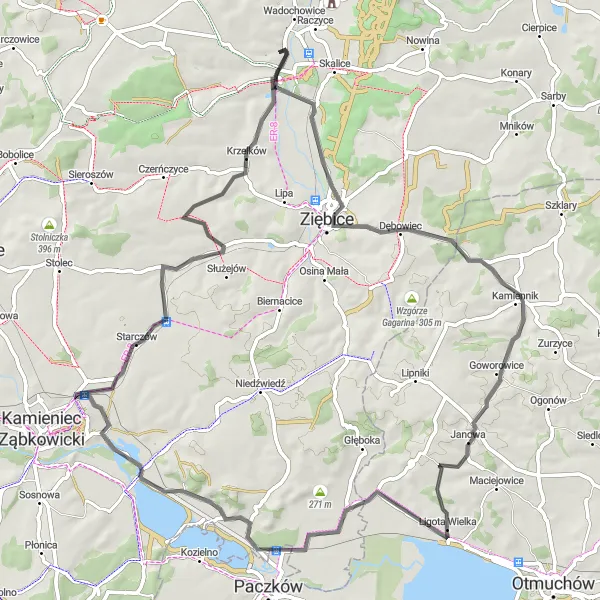 Map miniature of "Roads to Rososznica" cycling inspiration in Dolnośląskie, Poland. Generated by Tarmacs.app cycling route planner