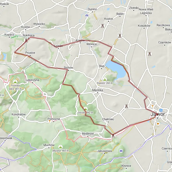 Map miniature of "Gravel Adventure to Bielowice" cycling inspiration in Dolnośląskie, Poland. Generated by Tarmacs.app cycling route planner