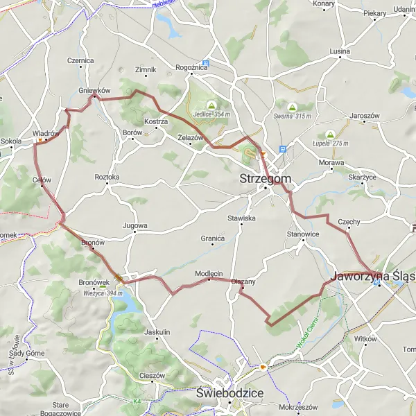 Map miniature of "Gravel Route: Jaworzyna Śląska - Góra Krzyżowa" cycling inspiration in Dolnośląskie, Poland. Generated by Tarmacs.app cycling route planner