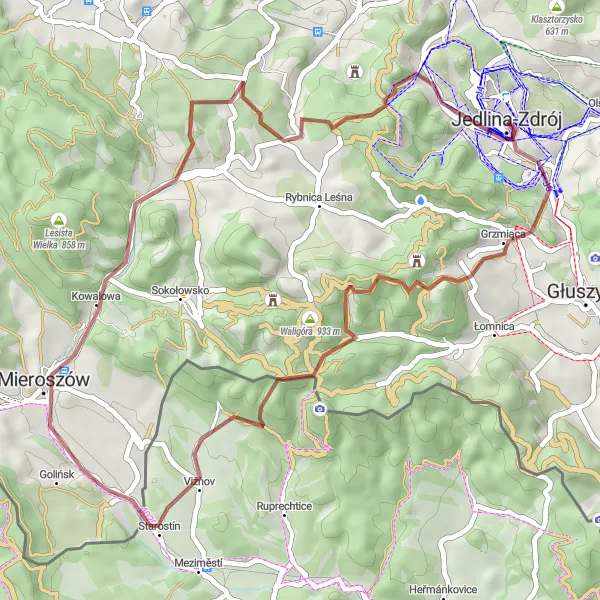 Map miniature of "Scenic Gravel Route around Jedlina-Zdrój" cycling inspiration in Dolnośląskie, Poland. Generated by Tarmacs.app cycling route planner