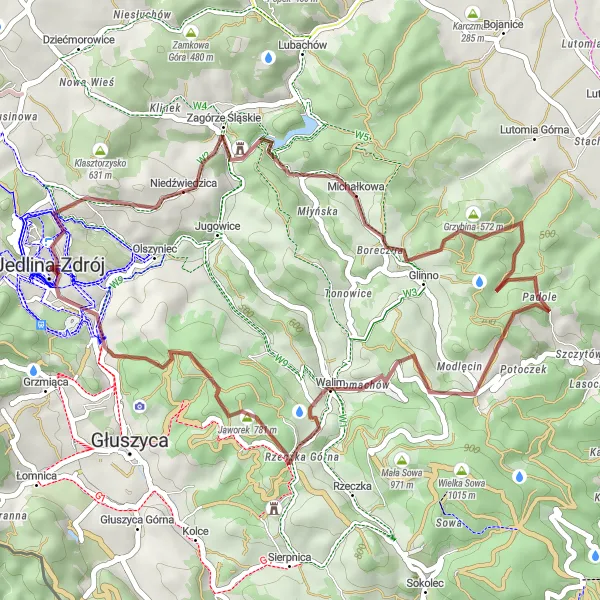 Map miniature of "Jedlina-Zdrój Gravel Loop" cycling inspiration in Dolnośląskie, Poland. Generated by Tarmacs.app cycling route planner