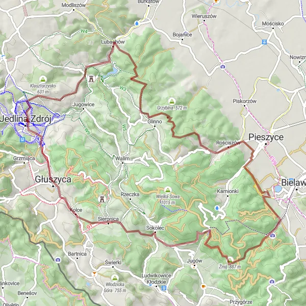 Map miniature of "Thrilling Gravel Adventure in Jedlina-Zdrój" cycling inspiration in Dolnośląskie, Poland. Generated by Tarmacs.app cycling route planner