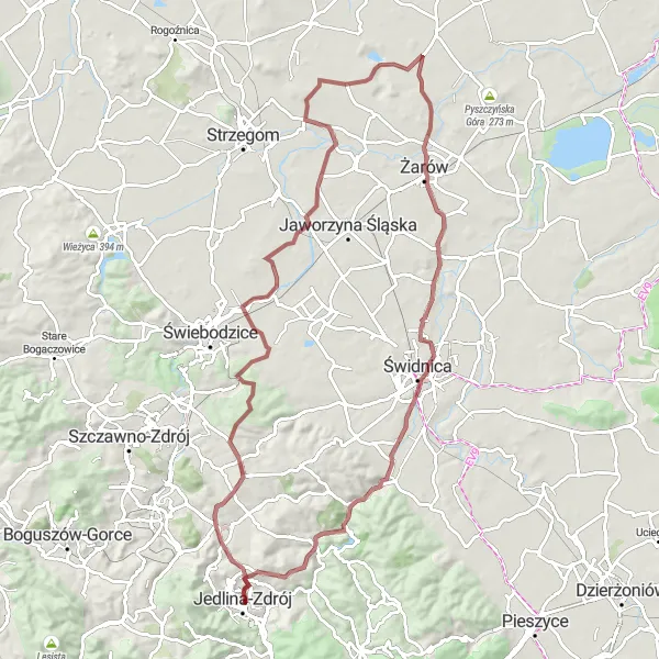 Map miniature of "Jedlina-Zdrój Gravel Adventure" cycling inspiration in Dolnośląskie, Poland. Generated by Tarmacs.app cycling route planner