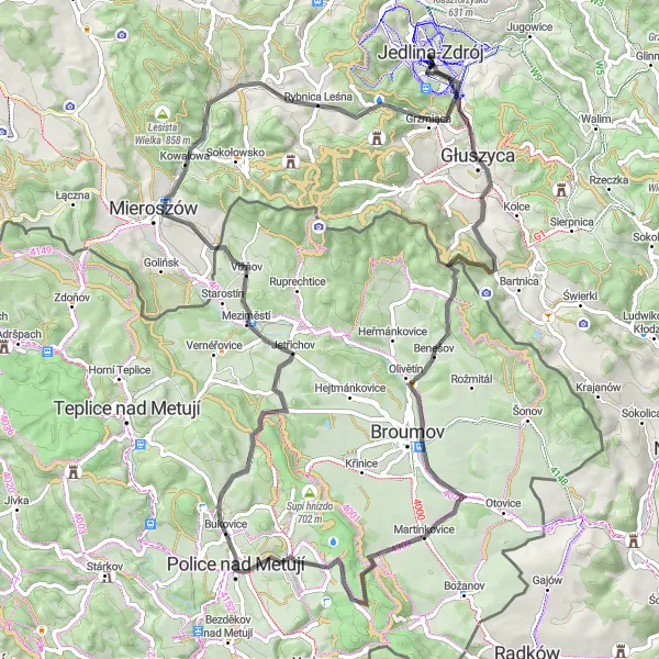 Map miniature of "Exploring the Scenic Roads of Jedlina-Zdrój" cycling inspiration in Dolnośląskie, Poland. Generated by Tarmacs.app cycling route planner